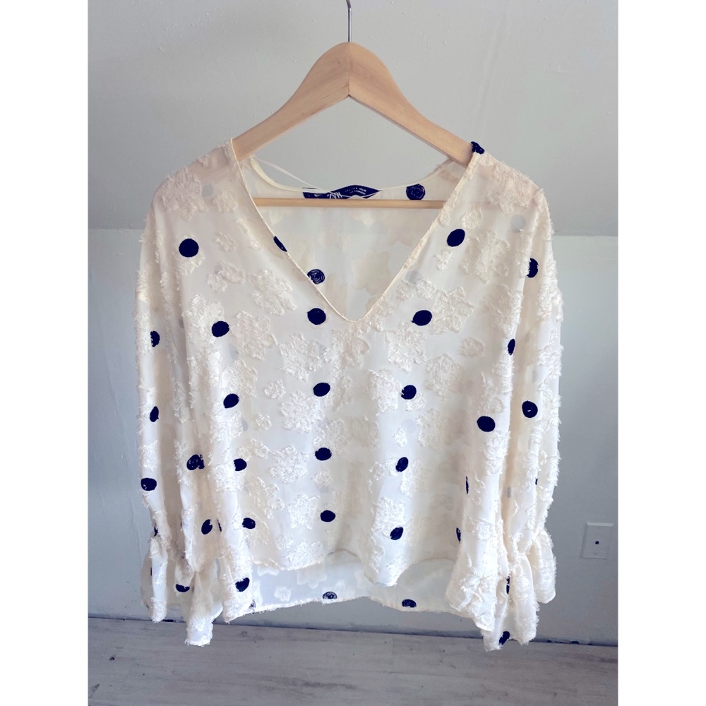 Zara Polka Dot Floral Overlay Flare Sleeve Blouse